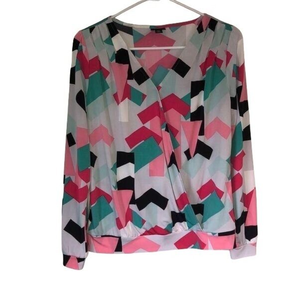 Worthington Petite PS Womens Abstract Print Wrap Blouse Multi-Color Long Sleeve - Picture 1 of 6
